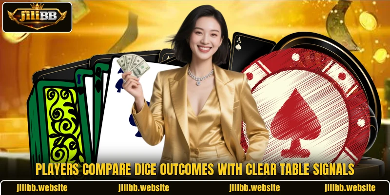 Players compare dice outcomes with clear table signals